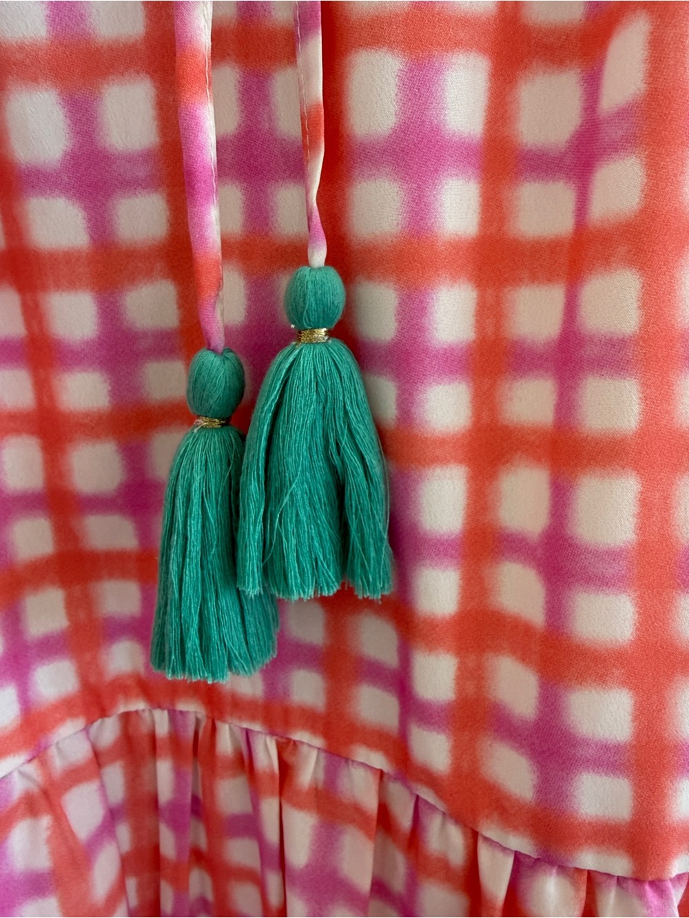THML Pink and White Check Tie-Neck Tiered Dress with Teal Tassels - Picture 3 of 5